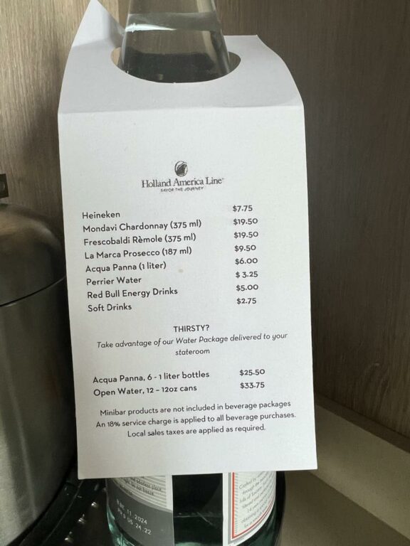 Getränkepreise Minibar auf Nieuw Statendam Holland America Line