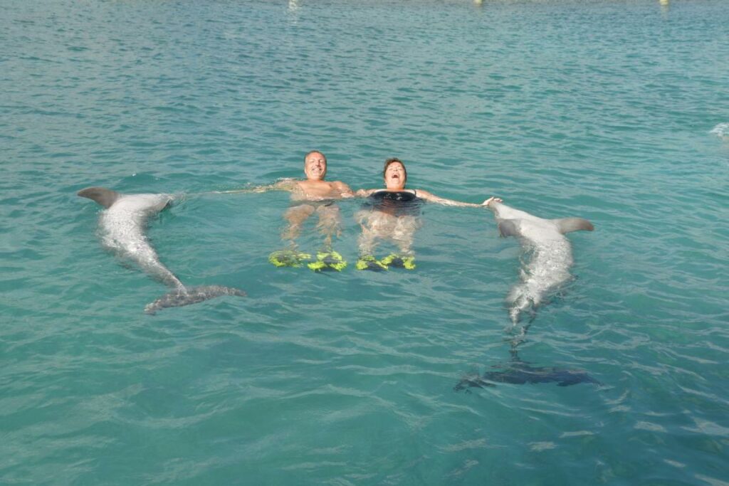 Mrs. Gabriele and Mr. Ralf auf Curacao mit Delfinen schwimmen